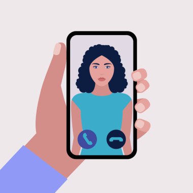 Konferans görüntülü konuşma, bir arkadaşla görüntülü konuşma, internetten çalışma, iş görüşmesi. El ele tutuşan cep telefonu. Renkli düz vektör illüstrasyonu.