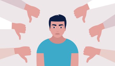 Halkın onaylamadığı kavram. Etrafı el parmaklarıyla çevrili genç adam. Düz bir şekilde vektör illüstrasyonu