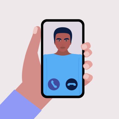 Konferans görüntülü konuşma, bir arkadaşla görüntülü konuşma, internetten çalışma, iş görüşmesi. El ele tutuşan cep telefonu. Renkli düz vektör illüstrasyonu.