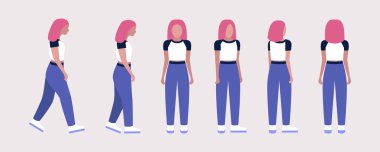 Genç bir kadın için farklı görüşler. Öne, yana, arkaya. Düz bir şekilde vektör illüstrasyonu