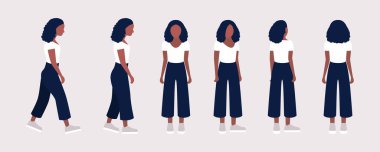 Genç bir kadın için farklı görüşler. Öne, yana, arkaya. Düz bir şekilde vektör illüstrasyonu