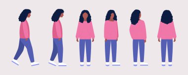 Genç bir kadın için farklı görüşler. Öne, yana, arkaya. Düz bir şekilde vektör illüstrasyonu