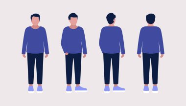 Genç bir kadın için farklı görüşler. Öne, yana, arkaya. Düz bir şekilde vektör illüstrasyonu