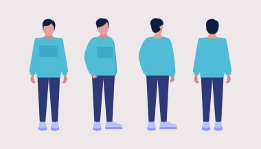 Genç bir kadın için farklı görüşler. Öne, yana, arkaya. Düz bir şekilde vektör illüstrasyonu