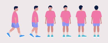 Genç bir kadın için farklı görüşler. Öne, yana, arkaya. Düz bir şekilde vektör illüstrasyonu