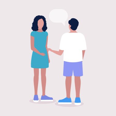 Beyaz arka planda izole edilmiş, konuşan insanların canlandırması. Düz çizgi film tarzında renkli vektör illüstrasyonu