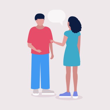 Beyaz arka planda izole edilmiş, konuşan insanların canlandırması. Düz çizgi film tarzında renkli vektör illüstrasyonu