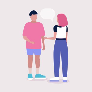 Beyaz arka planda izole edilmiş, konuşan insanların canlandırması. Düz çizgi film tarzında renkli vektör illüstrasyonu