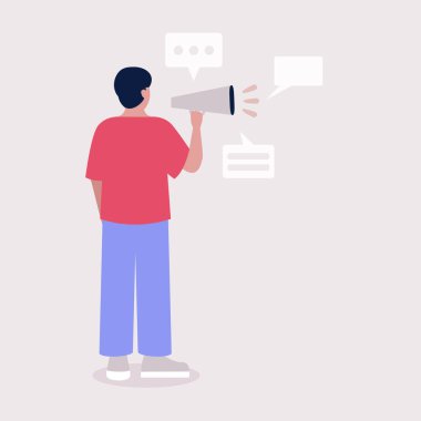 Genç adam bir megafona konuşur. İfade, konuşma, haber konsepti. Düz çizgi film tarzında renkli vektör illüstrasyonu