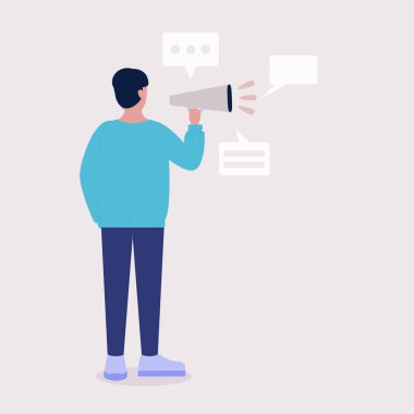 Genç adam bir megafona konuşur. İfade, konuşma, haber konsepti. Düz çizgi film tarzında renkli vektör illüstrasyonu