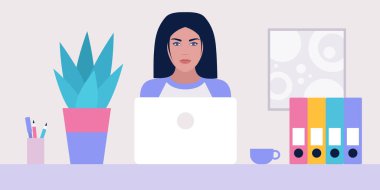 Çalışma akışı illüstrasyonu. Genç bir kadın evde ya da ofiste dizüstü bilgisayarla çalışıyor. Serbest çalışan biri. İşçi. Sosyal ağlarda iletişim, e-posta, online toplantı, video görüşmesi. Düz bir şekilde vektör illüstrasyonu