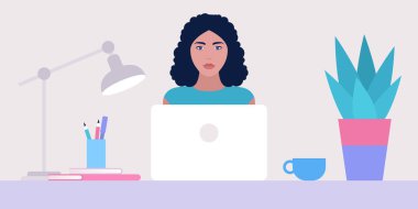 Çalışma akışı illüstrasyonu. Genç bir kadın evde ya da ofiste dizüstü bilgisayarla çalışıyor. Serbest çalışan biri. İşçi. Sosyal ağlarda iletişim, e-posta, online toplantı, video görüşmesi. Düz bir şekilde vektör illüstrasyonu