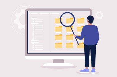 Büyüteçli genç adam. Bak. Seçim dosyaları, belge konsepti. Renkli düz vektör çizimi.