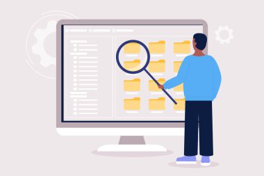 Büyüteçli genç adam. Bak. Seçim dosyaları, belge konsepti. Renkli düz vektör çizimi