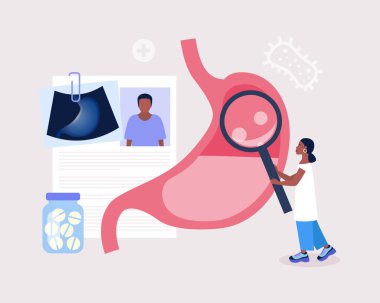 Gastroenteroloji konsepti. Genç kadın midesini kontrol ediyor. Renkli düz vektör illüstrasyonu