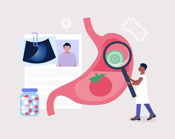 Conceito Gastroenterologia Jovem Verifica Estômago Ilustração Vetorial Plana Colorida — Vetor de Stock