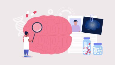 Nöroloji konsepti. Genç kadın beyni kontrol ediyor. Renkli düz vektör illüstrasyonu