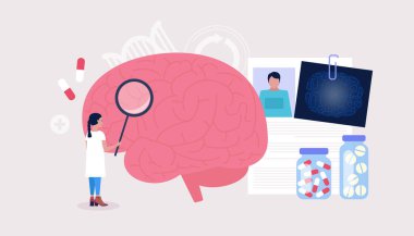 Nöroloji konsepti. Genç kadın beyni kontrol ediyor. Renkli düz vektör illüstrasyonu