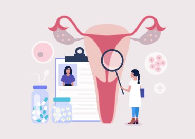 Jinekoloji ve kadın sağlığı konsepti. Genç kadın yumurtalığı ve rahmi kontrol ediyor. Renkli düz vektör illüstrasyonu