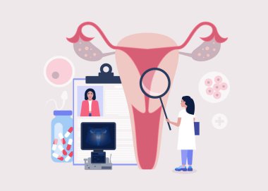 Jinekoloji ve kadın sağlığı konsepti. Genç kadın yumurtalığı ve rahmi kontrol ediyor. Renkli düz vektör illüstrasyonu