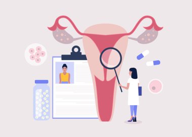 Jinekoloji ve kadın sağlığı konsepti. Genç kadın yumurtalığı ve rahmi kontrol ediyor. Renkli düz vektör illüstrasyonu
