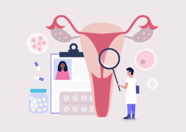 Jinekoloji ve kadın sağlığı konsepti. Genç adam yumurtalığı ve rahmi kontrol ediyor. Renkli düz vektör illüstrasyonu