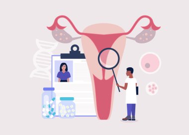 Jinekoloji ve kadın sağlığı konsepti. Genç adam yumurtalığı ve rahmi kontrol ediyor. Renkli düz vektör illüstrasyonu