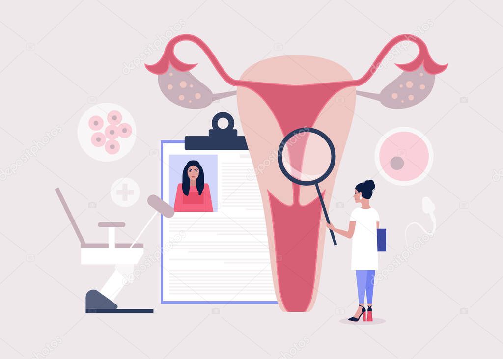 Gynecology and female health concept. Young woman checks ovary and womb. Colorful flat vector illustration