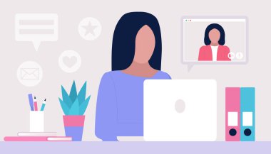 Çalışma akışı illüstrasyonu. Genç bir kadın evde ya da ofiste dizüstü bilgisayarla çalışıyor. Serbest çalışan biri. İşçi. Sosyal ağlarda iletişim, e-posta, online toplantı, video görüşmesi. Düz bir şekilde vektör illüstrasyonu