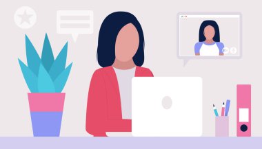 Çalışma akışı illüstrasyonu. Genç bir kadın evde ya da ofiste dizüstü bilgisayarla çalışıyor. Serbest çalışan biri. İşçi. Sosyal ağlarda iletişim, e-posta, online toplantı, video görüşmesi. Düz bir şekilde vektör illüstrasyonu