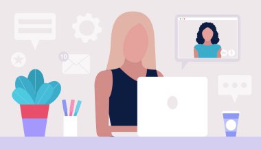 Çalışma akışı illüstrasyonu. Genç bir kadın evde ya da ofiste dizüstü bilgisayarla çalışıyor. Serbest çalışan biri. İşçi. Sosyal ağlarda iletişim, e-posta, online toplantı, video görüşmesi. Düz bir şekilde vektör illüstrasyonu