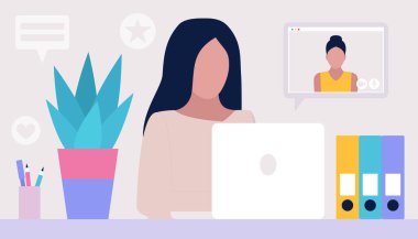 Çalışma akışı illüstrasyonu. Genç bir kadın evde ya da ofiste dizüstü bilgisayarla çalışıyor. Serbest çalışan biri. İşçi. Sosyal ağlarda iletişim, e-posta, online toplantı, video görüşmesi. Düz bir şekilde vektör illüstrasyonu