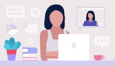 Çalışma akışı illüstrasyonu. Genç bir kadın evde ya da ofiste dizüstü bilgisayarla çalışıyor. Serbest çalışan biri. İşçi. Sosyal ağlarda iletişim, e-posta, online toplantı, video görüşmesi. Düz bir şekilde vektör illüstrasyonu