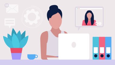 Çalışma akışı illüstrasyonu. Genç bir kadın evde ya da ofiste dizüstü bilgisayarla çalışıyor. Serbest çalışan biri. İşçi. Sosyal ağlarda iletişim, e-posta, online toplantı, video görüşmesi. Düz bir şekilde vektör illüstrasyonu