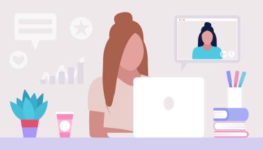 Çalışma akışı illüstrasyonu. Genç bir kadın evde ya da ofiste dizüstü bilgisayarla çalışıyor. Serbest çalışan biri. İşçi. Sosyal ağlarda iletişim, e-posta, online toplantı, video görüşmesi. Düz bir şekilde vektör illüstrasyonu