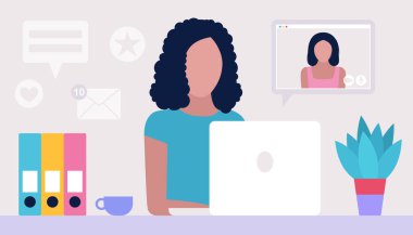 Çalışma akışı illüstrasyonu. Genç bir kadın evde ya da ofiste dizüstü bilgisayarla çalışıyor. Serbest çalışan biri. İşçi. Sosyal ağlarda iletişim, e-posta, online toplantı, video görüşmesi. Düz bir şekilde vektör illüstrasyonu