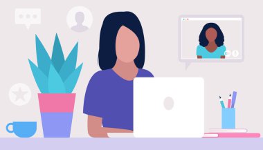 Çalışma akışı illüstrasyonu. Genç bir kadın evde ya da ofiste dizüstü bilgisayarla çalışıyor. Serbest çalışan biri. İşçi. Sosyal ağlarda iletişim, e-posta, online toplantı, video görüşmesi. Düz bir şekilde vektör illüstrasyonu