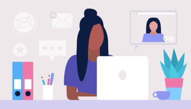 Çalışma akışı illüstrasyonu. Genç bir kadın evde ya da ofiste dizüstü bilgisayarla çalışıyor. Serbest çalışan biri. İşçi. Sosyal ağlarda iletişim, e-posta, online toplantı, video görüşmesi. Düz bir şekilde vektör illüstrasyonu