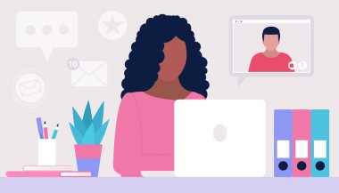 Çalışma akışı illüstrasyonu. Genç bir kadın evde ya da ofiste dizüstü bilgisayarla çalışıyor. Serbest çalışan biri. İşçi. Sosyal ağlarda iletişim, e-posta, online toplantı, video görüşmesi. Düz bir şekilde vektör illüstrasyonu