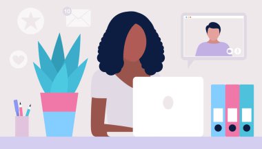 Çalışma akışı illüstrasyonu. Genç bir kadın evde ya da ofiste dizüstü bilgisayarla çalışıyor. Serbest çalışan biri. İşçi. Sosyal ağlarda iletişim, e-posta, online toplantı, video görüşmesi. Düz bir şekilde vektör illüstrasyonu