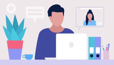 Çalışma akışı illüstrasyonu. Genç adam evde ya da ofiste dizüstü bilgisayarla çalışıyor. Serbest çalışan biri. İşçi. Sosyal ağlarda iletişim, e-posta, online toplantı, video görüşmesi. Düz bir şekilde vektör illüstrasyonu