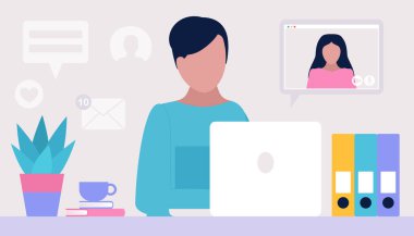 Çalışma akışı illüstrasyonu. Genç adam evde ya da ofiste dizüstü bilgisayarla çalışıyor. Serbest çalışan biri. İşçi. Sosyal ağlarda iletişim, e-posta, online toplantı, video görüşmesi. Düz bir şekilde vektör illüstrasyonu