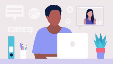 Çalışma akışı illüstrasyonu. Genç adam evde ya da ofiste dizüstü bilgisayarla çalışıyor. Serbest çalışan biri. İşçi. Sosyal ağlarda iletişim, e-posta, online toplantı, video görüşmesi. Düz bir şekilde vektör illüstrasyonu