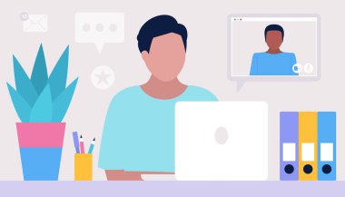 Çalışma akışı illüstrasyonu. Genç adam evde ya da ofiste dizüstü bilgisayarla çalışıyor. Serbest çalışan biri. İşçi. Sosyal ağlarda iletişim, e-posta, online toplantı, video görüşmesi. Düz bir şekilde vektör illüstrasyonu