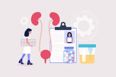 Nefroloji, üroloji konsepti. Hap tutan ve böbreklerini kontrol eden genç bir kadın. Renkli düz vektör illüstrasyonu