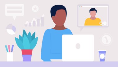 Çalışma akışı illüstrasyonu. Genç adam evde ya da ofiste dizüstü bilgisayarla çalışıyor. Serbest çalışan biri. İşçi. Sosyal ağlarda iletişim, e-posta, online toplantı, video görüşmesi. Düz bir şekilde vektör illüstrasyonu