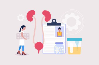 Nefroloji, üroloji konsepti. Hap tutan ve böbreklerini kontrol eden genç bir kadın. Renkli düz vektör illüstrasyonu