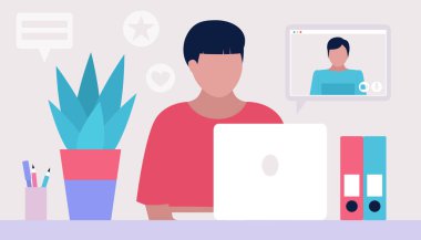 Çalışma akışı illüstrasyonu. Genç adam evde ya da ofiste dizüstü bilgisayarla çalışıyor. Serbest çalışan biri. İşçi. Sosyal ağlarda iletişim, e-posta, online toplantı, video görüşmesi. Düz bir şekilde vektör illüstrasyonu