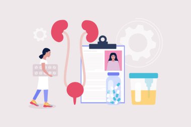 Nefroloji, üroloji konsepti. Hap tutan ve böbreklerini kontrol eden genç bir kadın. Renkli düz vektör illüstrasyonu