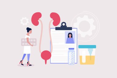 Nefroloji, üroloji konsepti. Hap tutan ve böbreklerini kontrol eden genç bir kadın. Renkli düz vektör illüstrasyonu